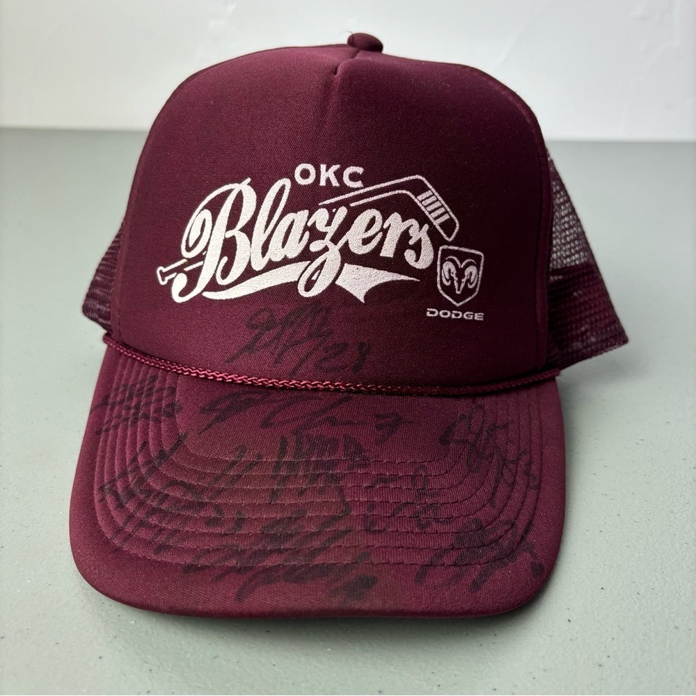 OKC Blazers Vintage Signed Trucker Rope Hat Snap Back Foam Lined COBRA Burgundy
